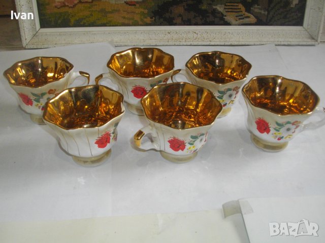 Комплект 6 бр. Позлатени Порцеланови Чаши За кафе-125мл-Старинни-Ръчно Рисувани, снимка 3 - Чаши - 40107238