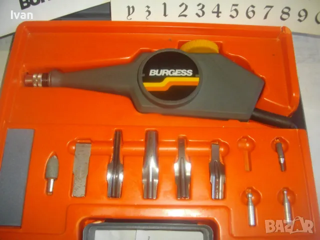 НОВ ПЪЛЕН КОМПЛЕКТ АНГЛИЙСКА ЕЛЕКТРИЧЕСКА ГРАВЬОРКА ГРАВЬОР ГРАВИРАНЕ РАЗЛИЧНИ ПОВЪРХНОСТИ BURGESS, снимка 3 - Инструменти за гравиране - 47942758