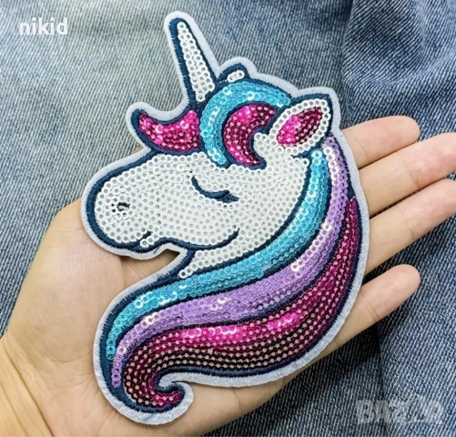 Еднорог Unicorn глава с пайети апликация с пайети за дреха дрехи самозалепваща се нашивка, снимка 4 - Други - 52674995