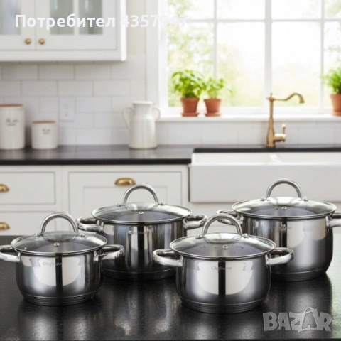 Комплект тенджери Cheffinger – 8 части от инокс с капаци, подходящи за всички видове котлони