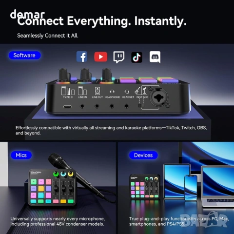 OneOdio Solocaster Геймърски аудио миксер - 5-канален интерфейс, снимка 8 - Ресийвъри, усилватели, смесителни пултове - 53424820