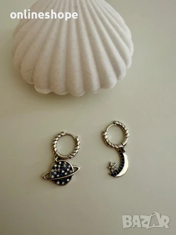 S925 Сребърни обеци с цирконий - планета и луна със звезда