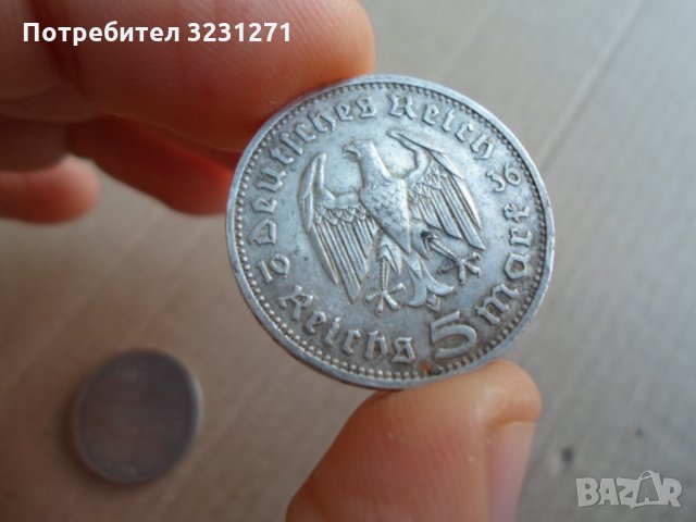 2 сребърни монети,5 РАЙХСМАРКИ/1936,2 ЛЕИ/1910, снимка 4 - Нумизматика и бонистика - 35037140