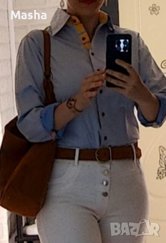 Дамска синя ретро риза GrosVenor London 14 UK M, снимка 9 - Ризи - 52355034