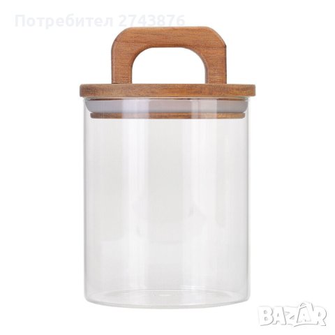 Стъклен буркан с бамбуков капак с дръжка, Ф 10 x 15 см, 1л., снимка 2 - Аксесоари за кухня - 43943508