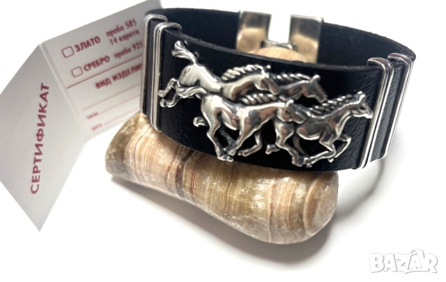 НОВА! Мъжка Гривна-сребро(проба 925) и Естествена кожа, снимка 2 - Гривни - 52319553