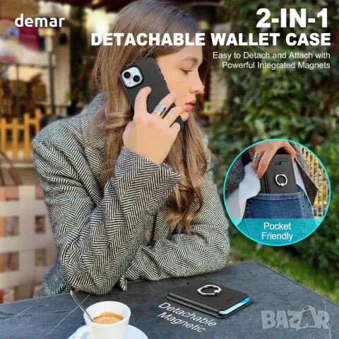 TUCCH кожен калъф за iPhone 15 Plus с отделение за карти, черен, снимка 3 - Калъфи, кейсове - 49790345