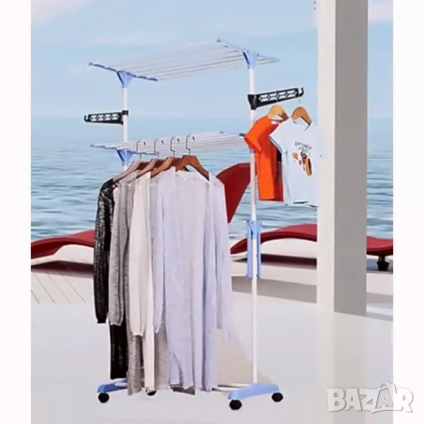 Голям Сушилник за дрехи - сгъваеми 3 нива и 2 закачалки, Стоманени тръби, На колелца, снимка 6 - Етажерки - 51636038