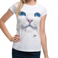 Страхотна нова дамска бяла тениска с 3D принт Котка със сини очи, снимка 1 - Тениски - 29126635