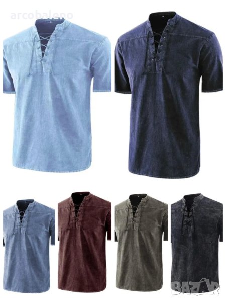 Ежедневна мъжка риза с къс ръкав и ретро тъкана яка с връзки, 8цвята , снимка 1