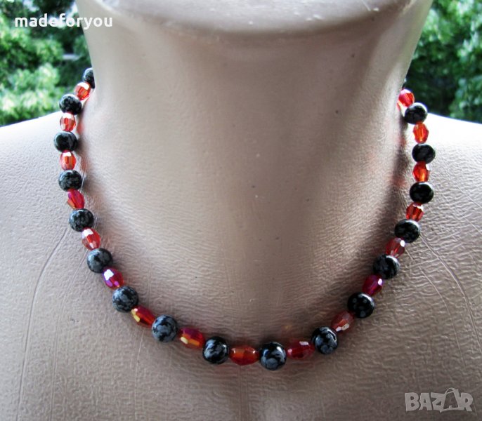 Гердан , колие ,ланец от естествен снежинков обсидиан, фасетирани кристали и медицинска стомана, снимка 1