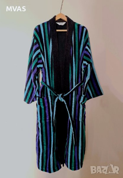 Нов мъжки памучен халат за SPA баня 2XL черен със синьо зелено райе, снимка 1