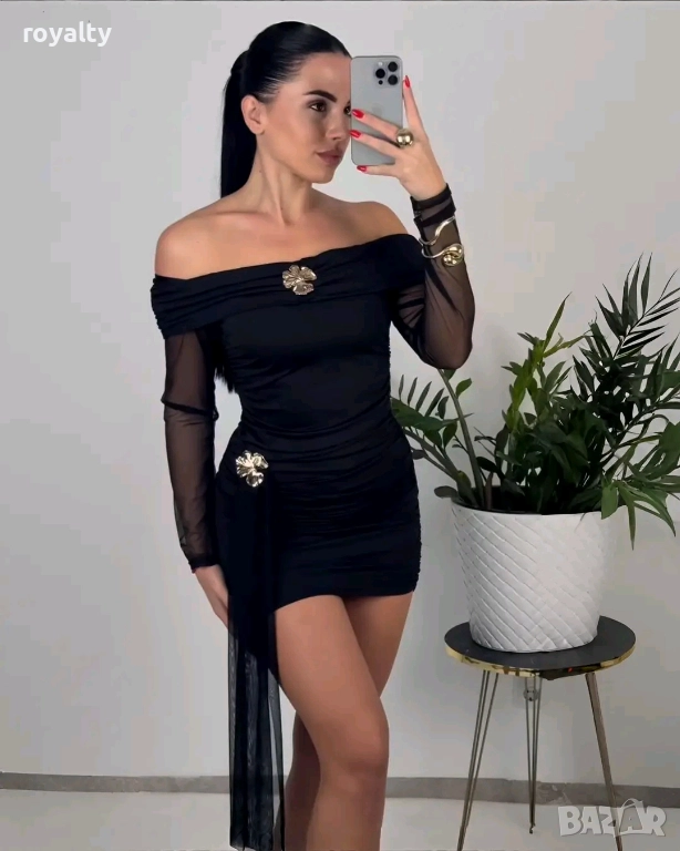 Къса Черна Дамска Рокля с Тюл, снимка 1