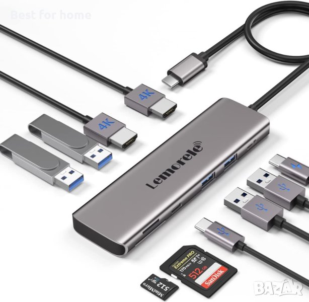 Lemorele USB C към двоен HDMI адаптер, 10-в-1, снимка 1