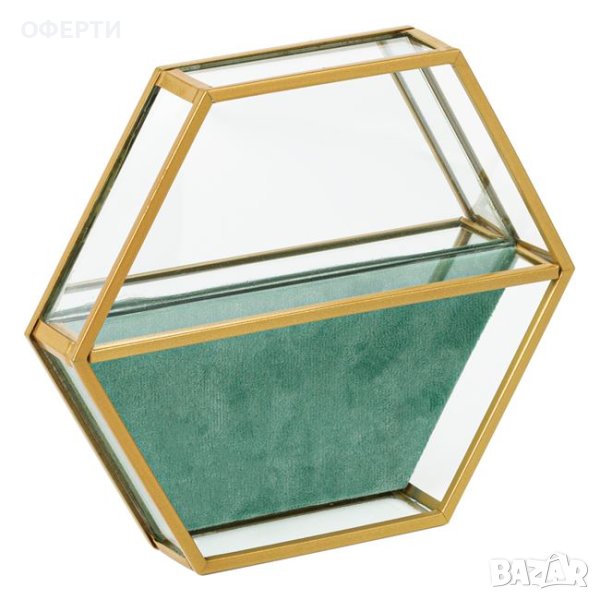 Стъклен органайзер за бижута от зелено кадифе с огледало 17,5x17,5x3 см, снимка 1
