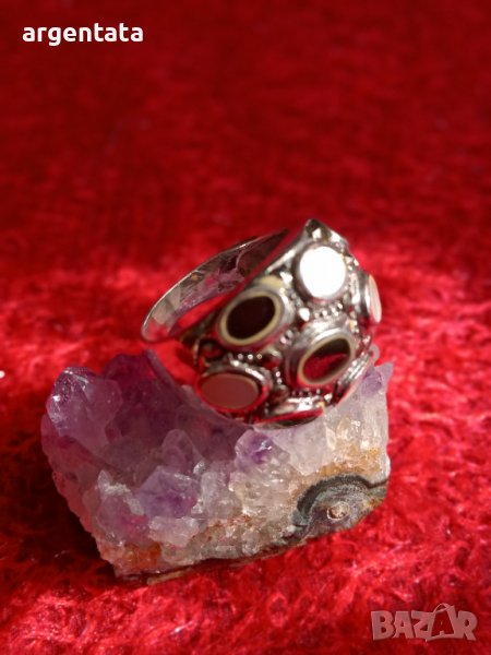 Масивен сребърен пръстен със седеф, оникс и маркизети, снимка 1