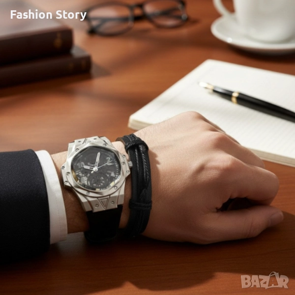 Мъжки подаръчен комплект – стилен часовник и черна гривна, снимка 1