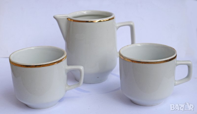 Стар български порцелан каничка латиера с две чашки, снимка 1