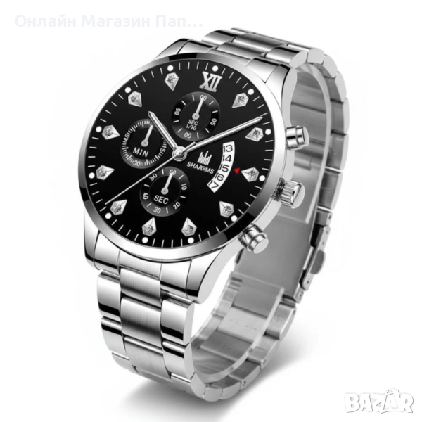 Мъжки кварцов часовник SHAARMS – сребрист корпус, черен циферблат, календар, снимка 1