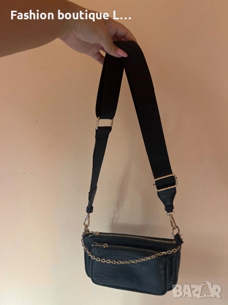 Дамска чанта за през рамо с черна крокодилска кожа и златен синджир с две отделения с ципове 🖤, снимка 1