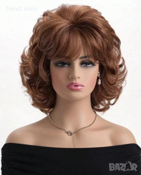 Къса дамска къдрава кафява синтетична перука с бретон, снимка 1