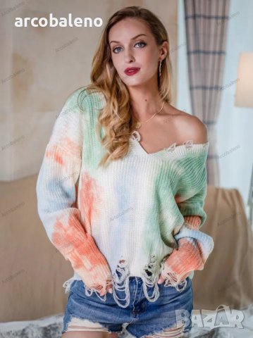 Дамски ежедневен пуловер с V-образно деколте, плетен пуловер с ресни, 2цвята - 023, снимка 1 - Блузи с дълъг ръкав и пуловери - 39490918