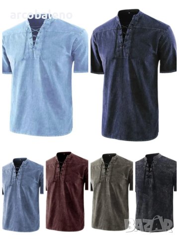 Мъжка едноцветна риза с къс ръкав с връзки, 8цвята - 023