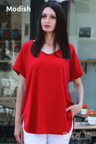 Памучна изчистена дамска блуза с къси ръкави 7043, снимка 4 - Тениски - 50696282