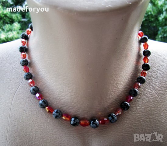 Гердан , колие ,ланец от естествен снежинков обсидиан, фасетирани кристали и медицинска стомана, снимка 1