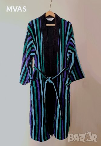 Нов мъжки памучен халат за SPA баня 2XL черен със синьо зелено райе