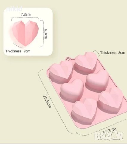 6 бр гладко и диамантено диамантени сърца сърце силиконов молд форма шоколад гипс сапун, снимка 5 - Форми - 43426185