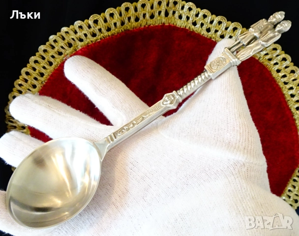 Калаена лъжица с фигури на съпрузи,ангел,щъркел,калаена сватба. , снимка 3 - Антикварни и старинни предмети - 52203463