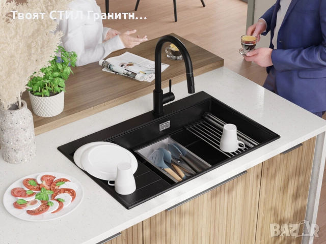 Черна гранитна кухненска мивка Сидни 780-60 Ergo Multilevel 780х500, снимка 3 - Мивки - 51918220