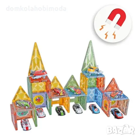 Магнитен конструктор с писта за коли, 72 части