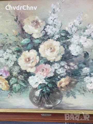 Голяма картина маслен принт върху платно/натюрморт ваза с цветя/дървена рамка 93х63см/Frohlich, снимка 2 - Картини - 50823654
