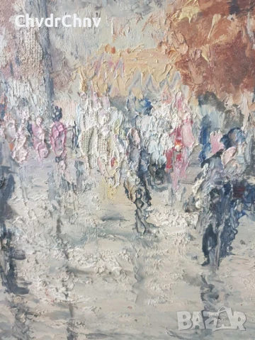 84х65см/голяма стара картина масло върху фазер/градски пейзаж-карета/дървена рамка, снимка 3 - Картини - 51177197