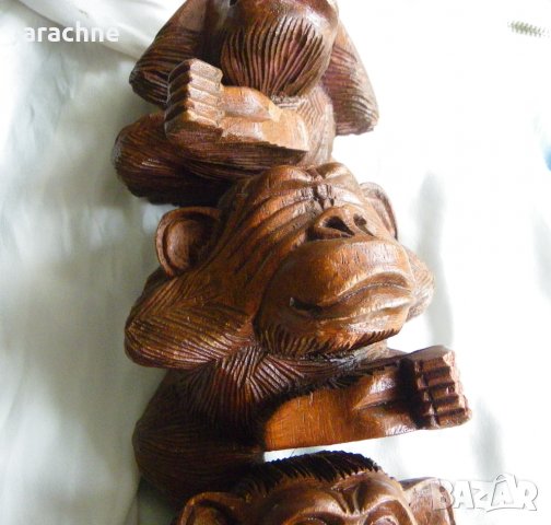 Голяма индонезийска дървена статуетка-"Трите будистки маймуни", снимка 6 - Статуетки - 39549439