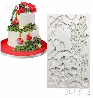 Голям Коледен коледна звезда борови клони клонки имел бръшлян силиконов молд форма фондан торта, снимка 2 - Форми - 26581746