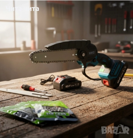 Акумулаторен трион за дърво и клони UKC 48V – 6″ верижна резачка с 2 батерии и 2 вериги, снимка 4 - Триони и циркуляри - 52840829