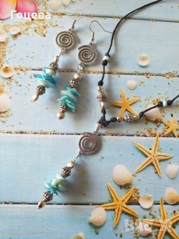 Страхотен Бохо комплект бижута с естествен седеф и орнаменти в цвят Сребро , снимка 5 - Бижутерийни комплекти - 33650468