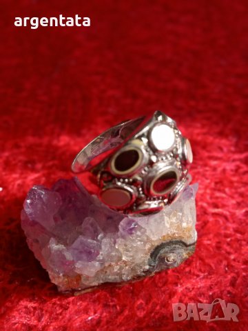 Масивен сребърен пръстен със седеф, оникс и маркизети, снимка 1 - Пръстени - 36690338