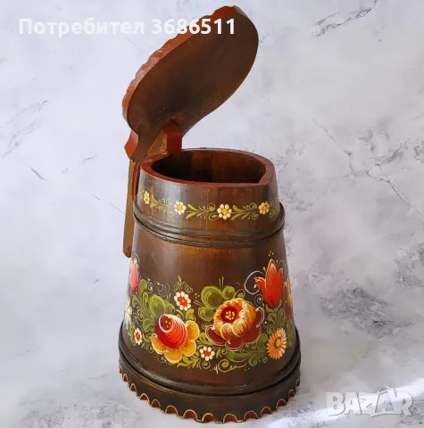 Голяма рисувана дървена халба, снимка 3 - Други - 47440531