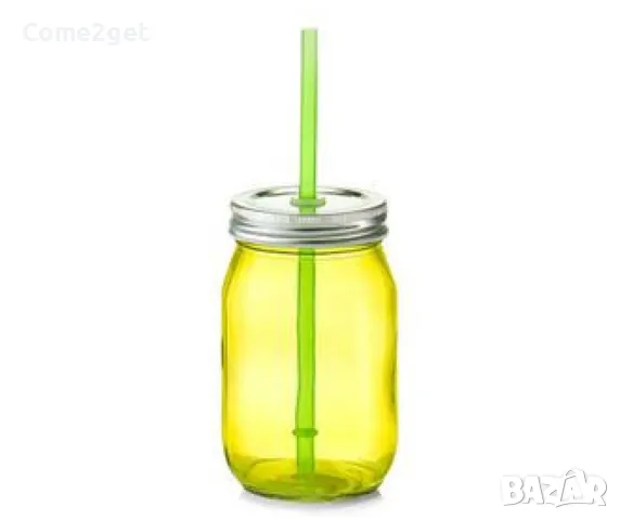 Прозрачна стъклена чаша с капак и сламка, 450мл