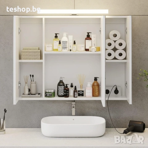 Шкаф за баня с огледало с LED осветление, контакт и ключ за светлина 70 x 15 x 60 см (Ш x Д x В), снимка 2 - Шкафове - 53043255