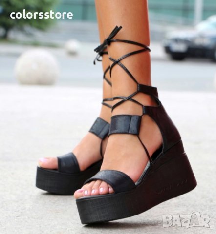 Сандали на платформа - черна кожа с черно ходило - 307