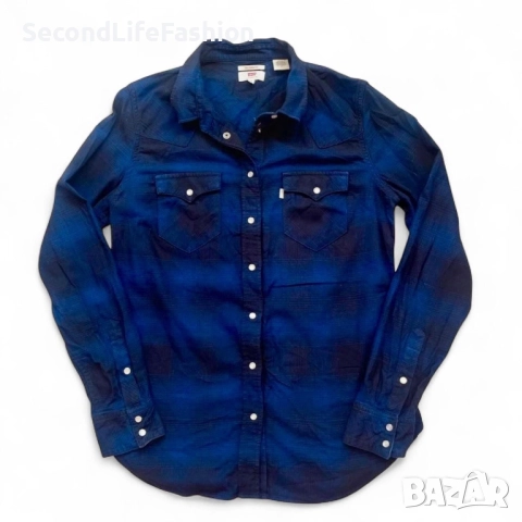 Дамска риза Levi's с дълъг ръкав, синя каре, размер M, синя, закопчаване с копчета