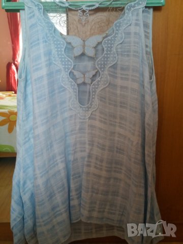 Лятна светлосиня блуза туника без ръкав с пеперуди, снимка 5 - Туники - 33048919