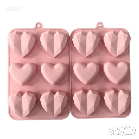 6 бр гладко и диамантено диамантени сърца сърце силиконов молд форма шоколад гипс сапун, снимка 4 - Форми - 43426185