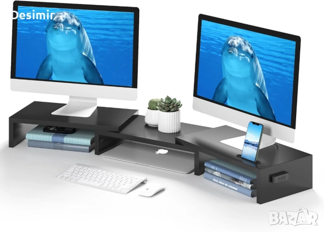 Стойка за 2 монитора BONTEC – регулируема, дървена, с място за съхранение, снимка 8 - Други - 52858921