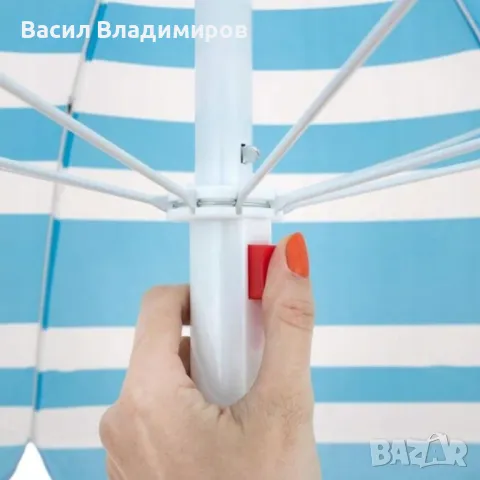 Плажен чадър с наклон, син, райе, 165 см, снимка 2 - Градински мебели, декорация  - 49661054